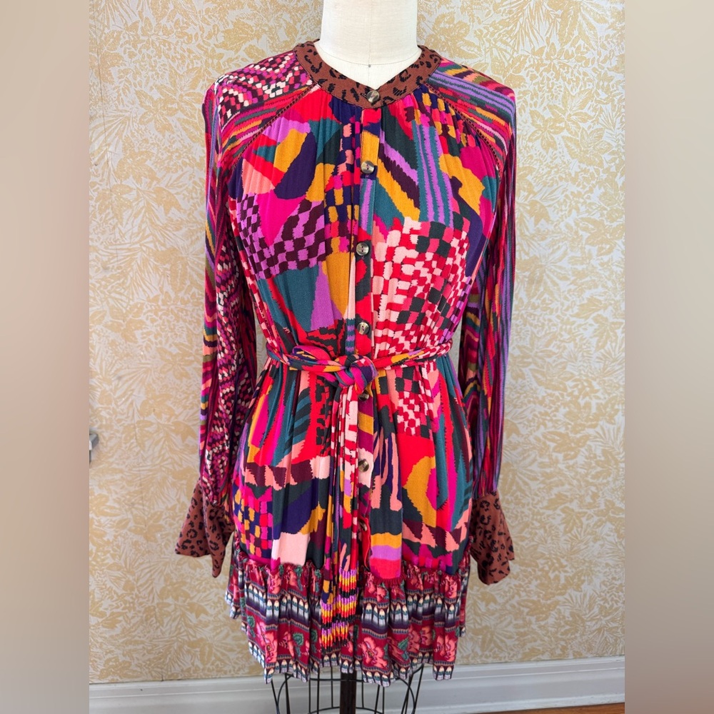 FARM Rio Mixed Abstract Patches Mini Dress with Belt